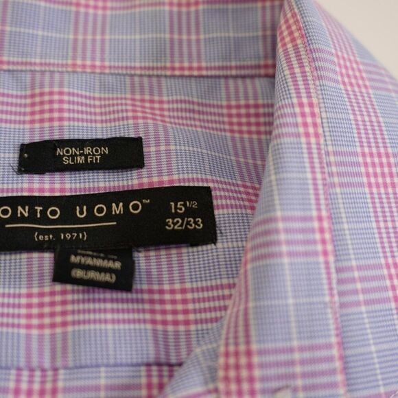 Pronto Uomo Pink‎ Blue Plaid 15.5 32/33 Non Iron Slim Fit Collared Dress Shirt - Picture 11 of 11